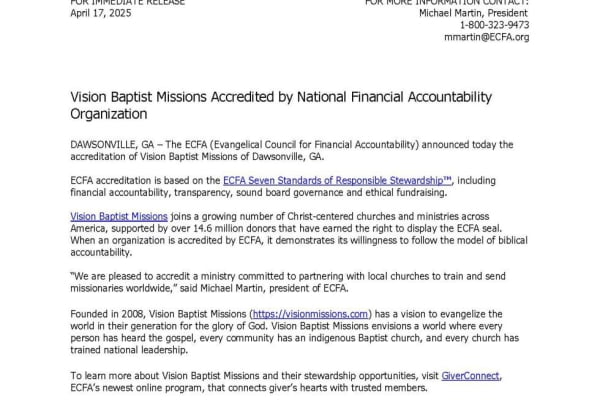 Announcement: Vision Baptist Missions is now accredited with ECFA!